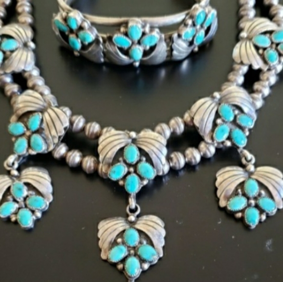 Native American Jewelry - Vintage Turquoise Sterling Silver Pearls Necklace AND Cuff 123 grams Signed